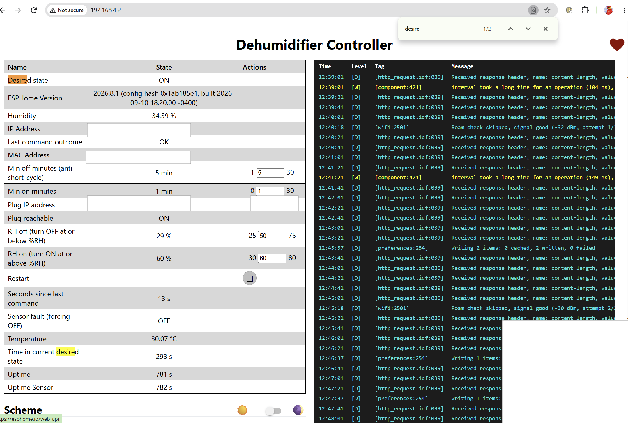 Dehumidifier Controller web UI joined to the plug&rsquo;s access point as a station, with the live log streaming HTTP request traffic