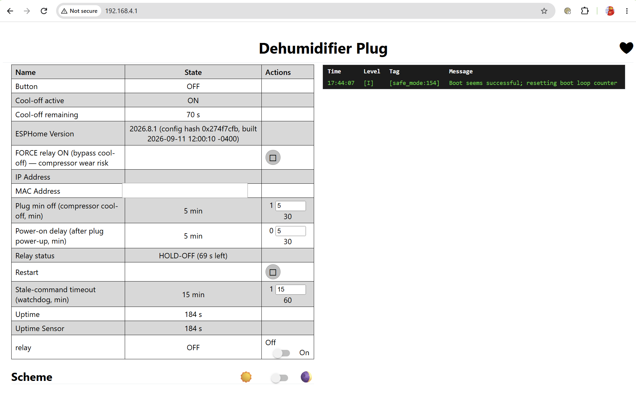 Dehumidifier Plug web UI on the isolated link, showing the cool-off timer counting down after a bench-forced relay cycle